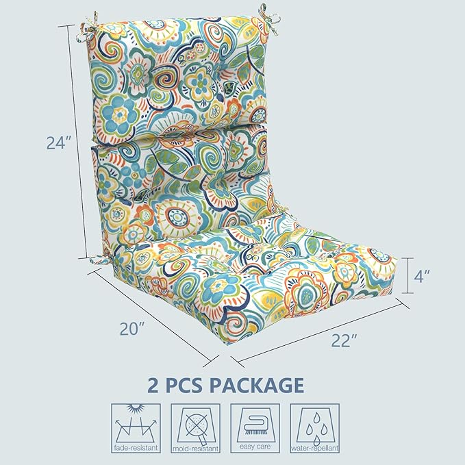 LVTXIII Outdoor Seat/Back Chair Cushion Patio Tufted High Back Cushion, Seasonal Replacement Rocking Chair Cushion with Ties (22” W x 20D”, Set of 2, Flower Blue)-VerdiqueGarden