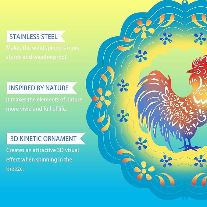 Rooster Wind Spinners Metal Chicken Gifts for Mom Women Grandma,12inch Hanging Wind Spinner for Outdoor&Indoor Decor Wind Chime Christmas Ornament Gifts for Yard Garden Decoration-VerdiqueGarden