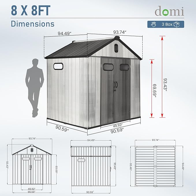 Domi 8x8 FT Outdoor Resin Storage Shed, All-Weather Double-Wall Storage Building for Backyard, Garden, Lawn Tools, Mower, Bike & Pool Equipment, Lockable Doors, Ventilated Roof, Grey-VerdiqueGarden