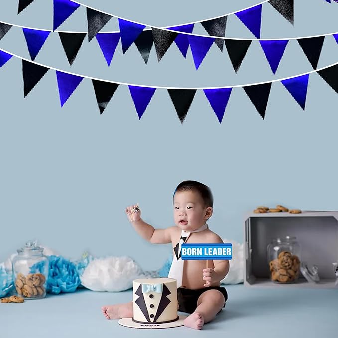 Royal Blue Black Party Decorations Navy Black Metallic Fabric Triangle Pennant Banner Flag Bunting Garland for Graduations Birthday Retirement Wedding Bachelorette Nautical Outdoor Party Supplies-VerdiqueGarden