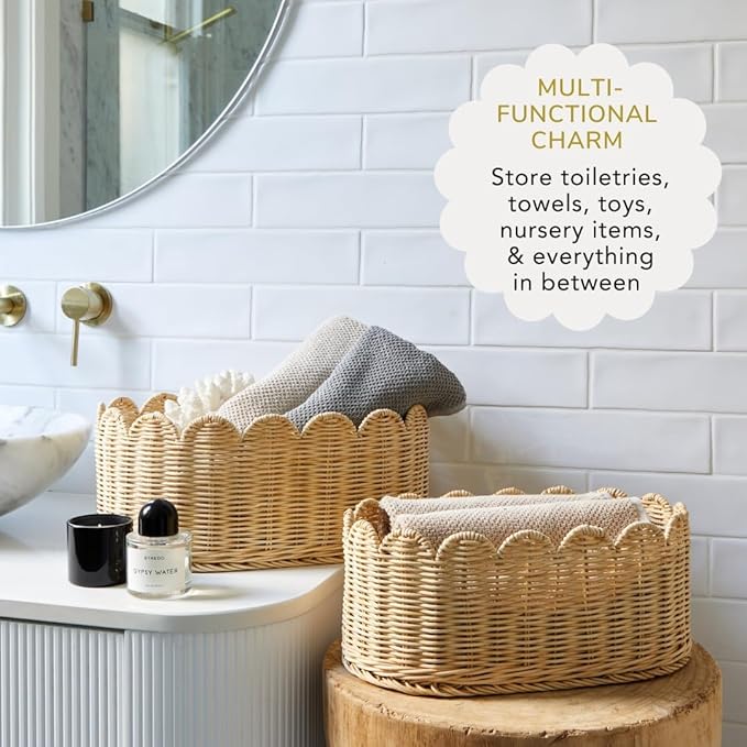 BEBE BASK Premium Scalloped Basket Set Of 2 - Scallop Basket - 16 x 10 x 7 Inch - Hand-Woven Elegant Wicker With Scalloped Edge - Nursery Storage (Natural)-VerdiqueGarden