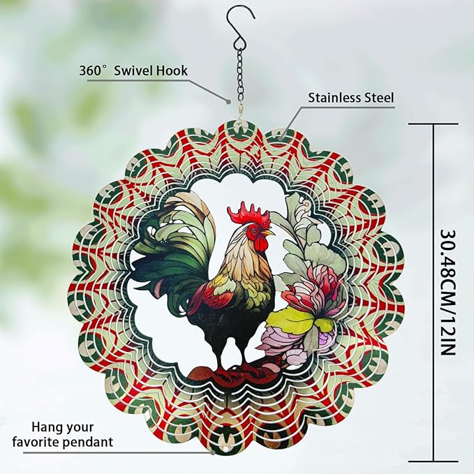 Rooster Metal Wind Spinners - Gifts for Women Mom Grandma Wife, 12 inch 3D Indoor Outdoor Garden Decoration Crafts Cock Wind Spinner, Unique Outdoor Ornament-Suitable As a Creative Gift-VerdiqueGarden