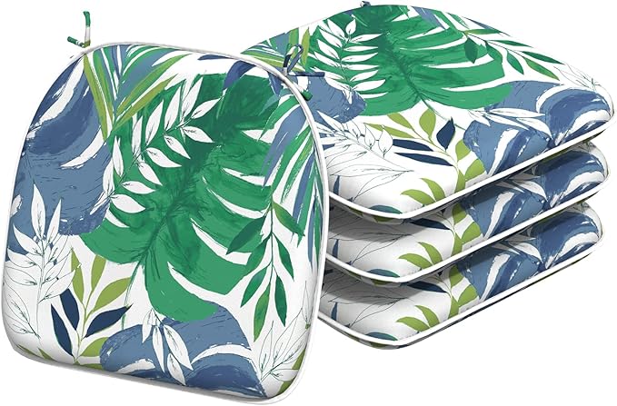 Indoor/Outdoor Chair Cushions 16x17 Inch, Patio Chair Cushions with Ties, All Weather Seat Cushions for Patio Furniture Home Garden Chair Use, Set of 4, Islamorada Blue Green-VerdiqueGarden