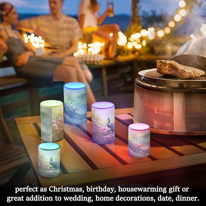 Flickering Flameless Candles, Peacock Flowers LED Candles with Remote Timer, Set of 2 Battery Operated Candle for Valentine Wedding Birthday-VerdiqueGarden