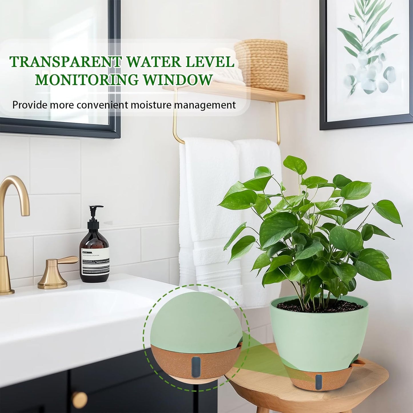 2 Pack 10 inch Plant Pots, Plastic Self Watering Planters with Drainage Holes, Deep Reservoir, Water Level Indicator, Modern Decorative Flower Pots for Indoor Outdoor Plants (Green, 10 inch)-VerdiqueGarden