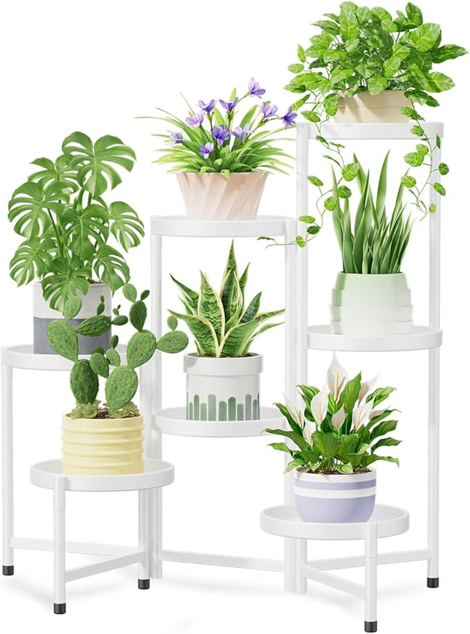 iDavosic.ly 7 Tier Large Plant Stand Indoor, 10 Inch Wide Tall Corner Metal Plant Stands Outdoor for Multiple Plants, Folding Tiered Flower Display Holder Rack Shelf, White-VerdiqueGarden