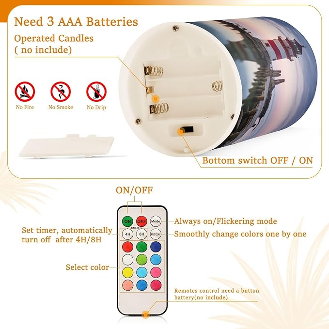 Lighthouse Flameless Candles with Remote Control and Timer, Adjustable Brightness Long Lasting Battery Operated LED Pillar Candles for Indoor Outdoor Party Home Decor, 2 Pack-VerdiqueGarden