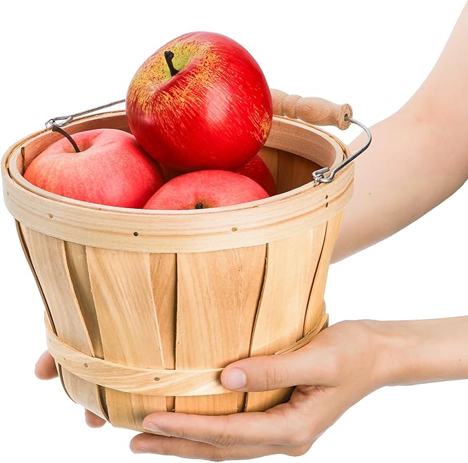 Okllen 2 Pack Round Wooden Baskets with Handle, Empty Wood Fruit Buckets, Easter Basket Fall Harvest Basket for Display Fruits Vegetables, Home Garden and Party Supplies, Natural Color-VerdiqueGarden