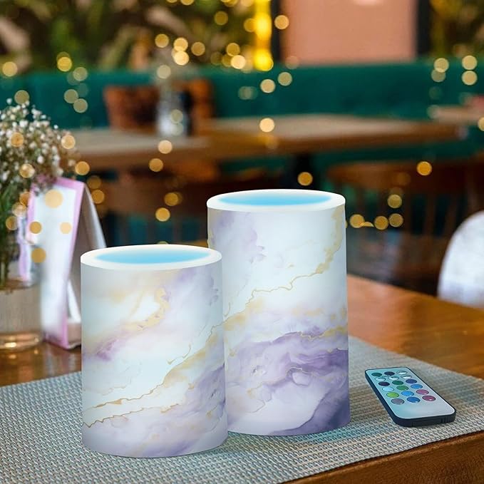 Flickering Flameless Candles, Purple Gold Marble LED Candles with Remote Timer, Set of 2 Battery Operated Candle for Valentine Wedding Birthday-VerdiqueGarden