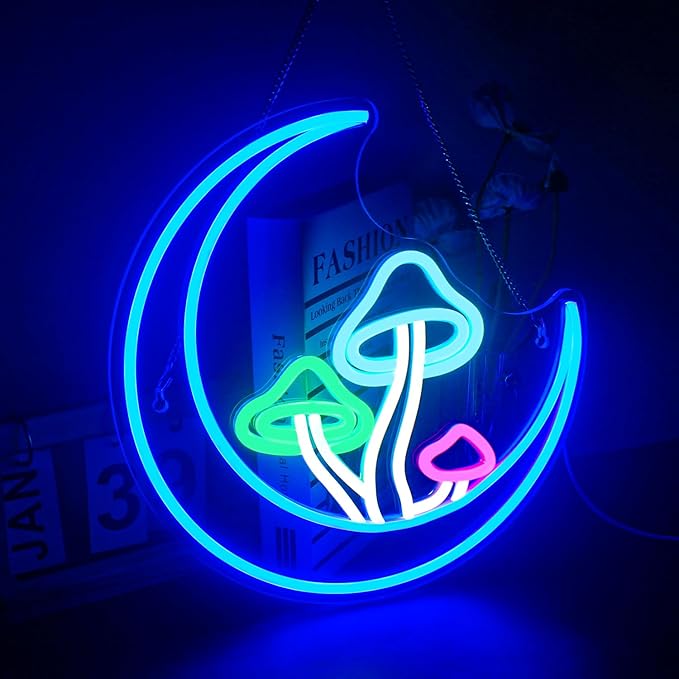Moon Mushroom Neon Sign Blue Moon Neon Lights for Wall Decor Mushroom Light Up Signs USB LED Signs for Girls room Living Room Kids Room Home Bar Party Shop-VerdiqueGarden