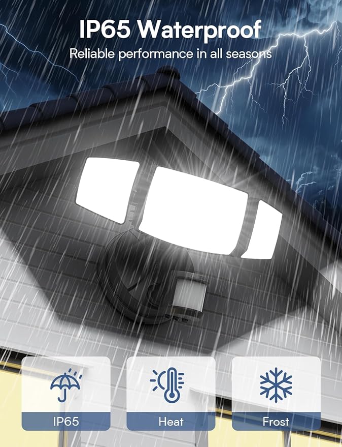 Olafus 80W Motion Sensor Outdoor Lights, 8000lm Hardwired Motion Flood Light Dusk to Dawn, IP65 Waterproof LED Security Floodlights, 6500K Motion Detector Lights for Outside, Black-VerdiqueGarden