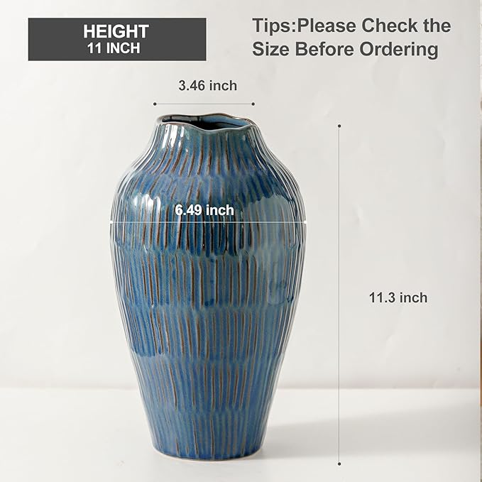 Blue Ceramic Vase for Home Decor,11.6 Inch Flower Vase，Decorative Vases for Pampas Grass，Modern Art Texture Vases for Home Entryway Living Room Dining Table Farmhouse Office Decor-Blue-VerdiqueGarden