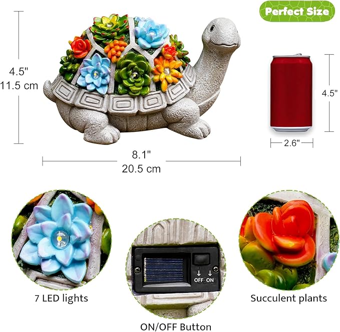 Solar Garden Turtle Statue - Turtle Decor with 7 Warming Solar LED Lights, Outdoor Decorations for Yard Patio Lawn & More, for Women, Moms, Birthdays or Turtle Lovers-VerdiqueGarden