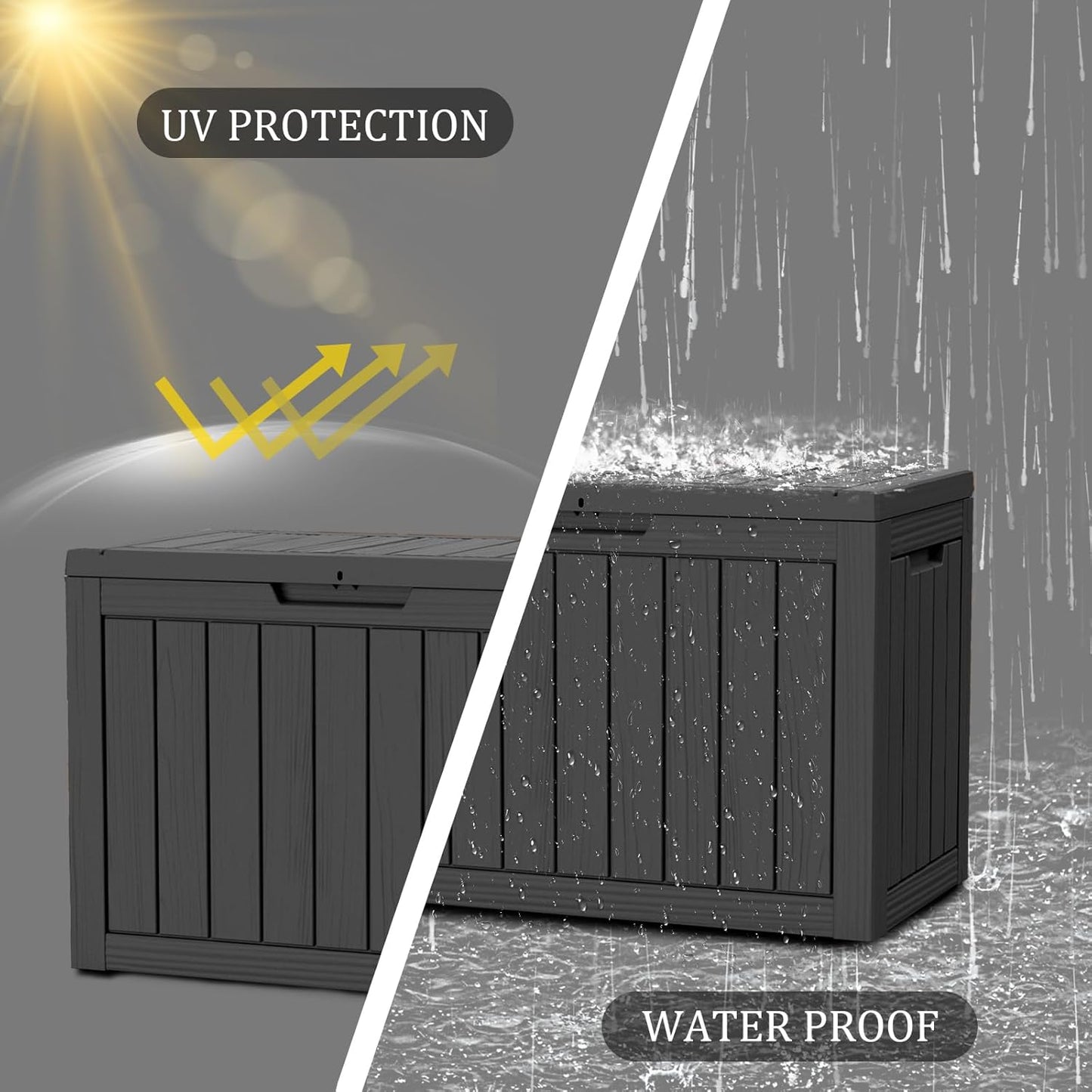 50 Gallon Plus Resin Deck Box, Waterproof Outdoor Storage Bin for Patio, Poolside, and Garden, Lockable & UV-Resistant, Ideal for Small Spaces, Black-VerdiqueGarden