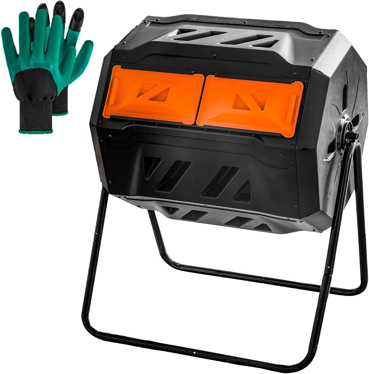 Hourleey Compost Bin Outdoor, 43 Gallon Dual Chamber Tumbling Composting Bin with Sliding Doors, Tumbler Rotating Batch Composter Bin for Garden Kitchen Yard-VerdiqueGarden