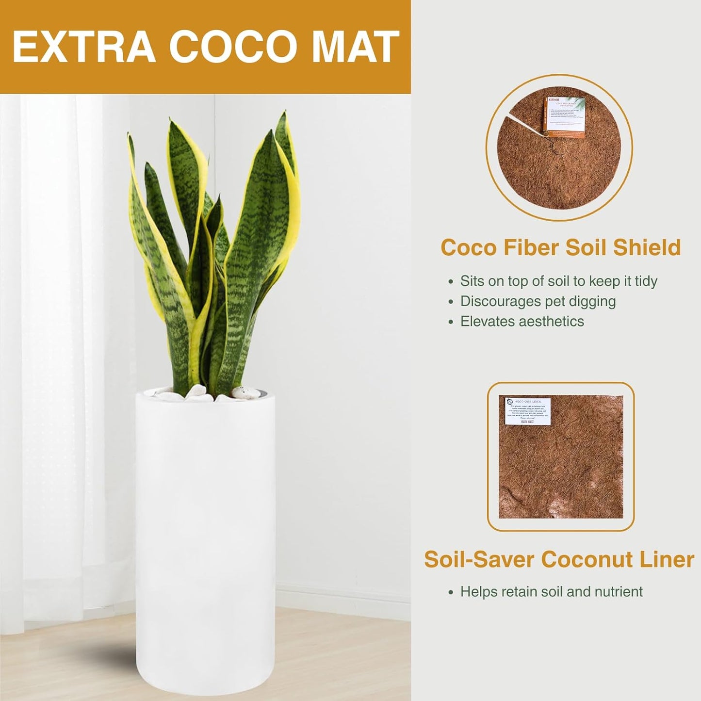 19.5"H x 9.8"D Tubo Fiberstone Cylinder Tall Planter with Drainage Hole, Smooth Finishes, Weather Resistant for Indoor and Outdoor Use, Included 2 Extra Coco Mats (White, 8.2" Pot Opening)-VerdiqueGarden