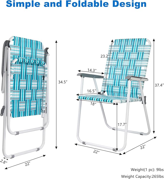 VINGLI Patio Lawn Webbed Folding Chairs Set of 4, Outdoor Beach Chair Portable Dining Chair for Outdoor Yard, Garden (White & Blue, Classic)-VerdiqueGarden