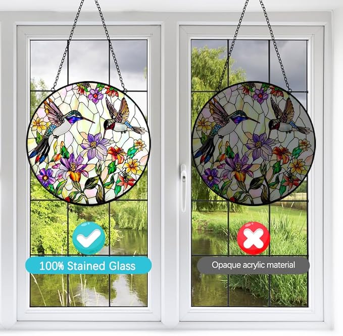 Hummingbird Suncatcher Stained Glass Window Hanging - Bird and Flowers Suncatchers for Windows - Sun Catchers Indoor Window Wall Art Home Decor Panel - Hummingbird Gifts for Women Men Mom Bird Lovers-VerdiqueGarden