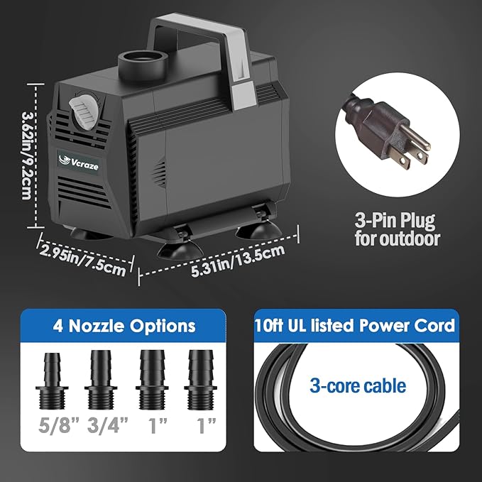 Submersible Water Pump 600GPH/35W Fountain Pumps with Flow Control, Pond Pump Submersible Outdoor with 10ft 3-Core Power cable for Hydroponics, Aquarium, Waterfall, Statuary, Water feature-VerdiqueGarden