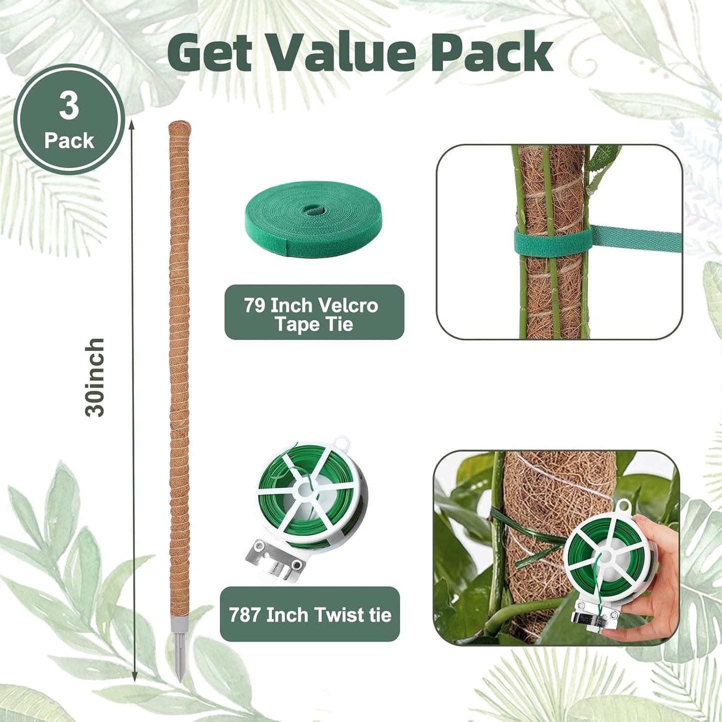 3 Pack Moss Pole, 30 Inch Monstera Plant Support， Moss Poles for Climbing Plants Indoor DIY, Coco Coir Plant Pole Moss Plant Stick Support Stake Kit for Potted Plants, Pothos, Philodendron-VerdiqueGarden