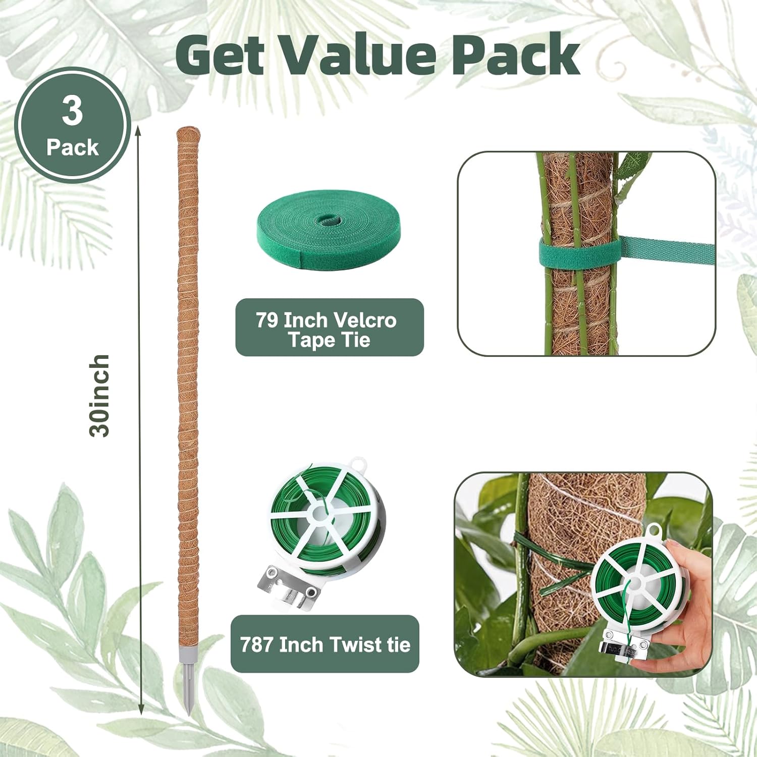 3 Pack Moss Pole, 30 Inch Monstera Plant Support， Moss Poles for Climbing Plants Indoor DIY, Coco Coir Plant Pole Moss Plant Stick Support Stake Kit for Potted Plants, Pothos, Philodendron-VerdiqueGarden