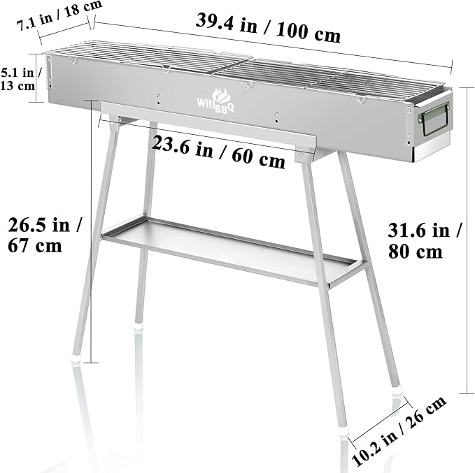 Charcoal Grills Commercial Quality Portable Multiple Size Hibachi BBQ Lamb Skewer Folded Camping Barbecue Grill for Garden Backyard Party Picnic Travel Outdoor Cooking Use(39.4x7.1x5.1 inch)-VerdiqueGarden