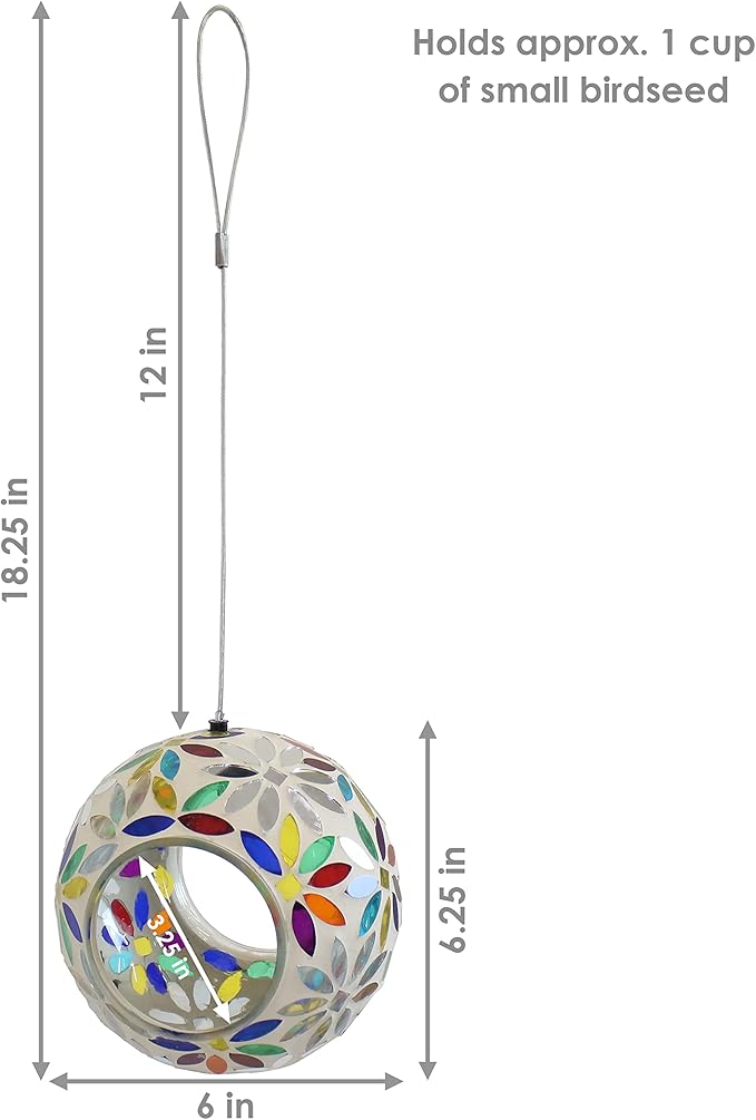 Sunnydaze 6-Inch Glass Mosaic Hanging Bird Feeder for Outdoors - Fly-Through Wild Bird Feeder - Rainbow Daisies-VerdiqueGarden