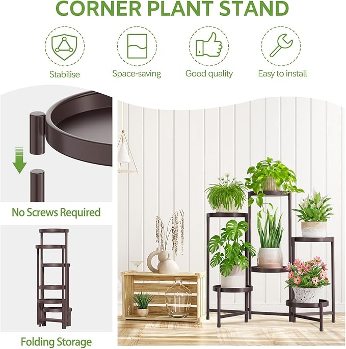 iDavosic.ly 6 Tier Large Plant Stand Indoor, 10 Inch Wide Tall Corner Metal Plant Stands Outdoor for Multiple Plants, Folding Tiered Flower Display Holder Rack Shelf, Violet Bronze-VerdiqueGarden