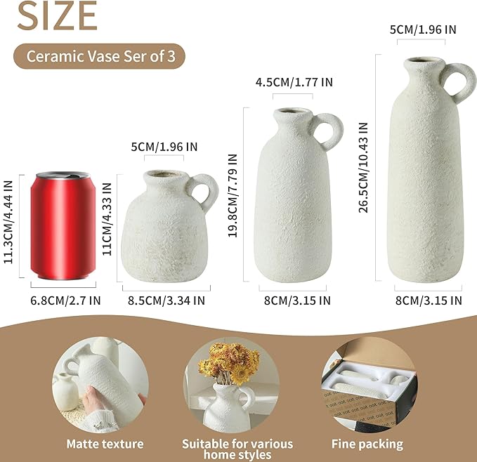 Ceramic Vase Set of 3 with Handle, Neutral Rustic Vases Home Decor Farmhouse Decorative Vase Whitewashed Pottery Decor Modern for Table Mantel Entryway Bookshelf Living Room Kitchen Bedroom - White-VerdiqueGarden