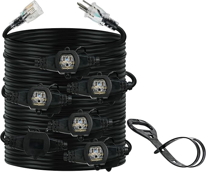 50FT 14 Gauge Heavy Duty Multi-Outlet Extension Cord, 7 Evenly Spaced Weatherproof Outlets, Great for Stage Backdrops, Landscape Garden Lighting, Christmas Halloween Decorations ETL-VerdiqueGarden