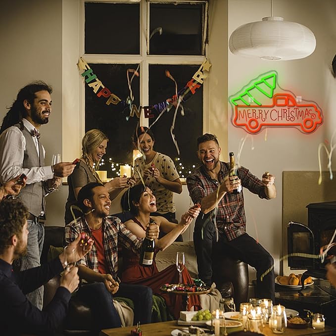 WLHOPE Christmas Truck Neon Sign,Merry Christmas Neon Signs for Wall Decor,Dimmable Merry Christmas Led Signs for Christmas Party Backdrop Bedroom Window Bar Club Shop,Christmas Gift Decoration-VerdiqueGarden