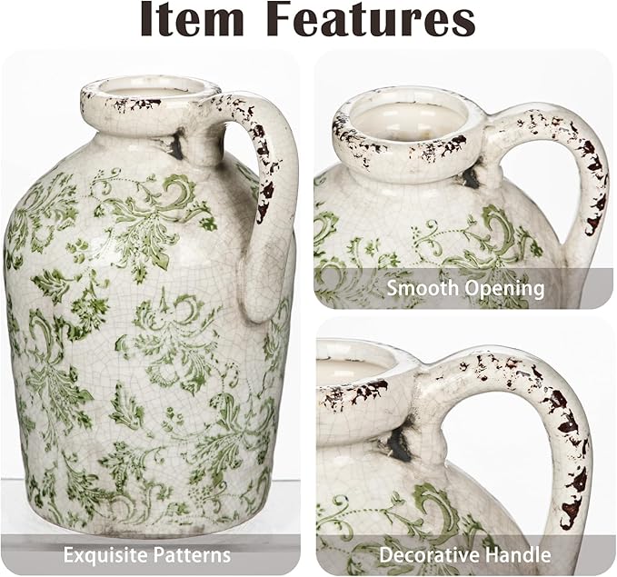 Ceramic Rustic Farmhouse Vase, 9 inch Ceramic Green and White Vase for Centerpieces Pampas Grass Pottery Jug with Handle Boho Chinoiserie Decor Vintage Vases for Living Room Kitchen Dinner Table Shelf-VerdiqueGarden