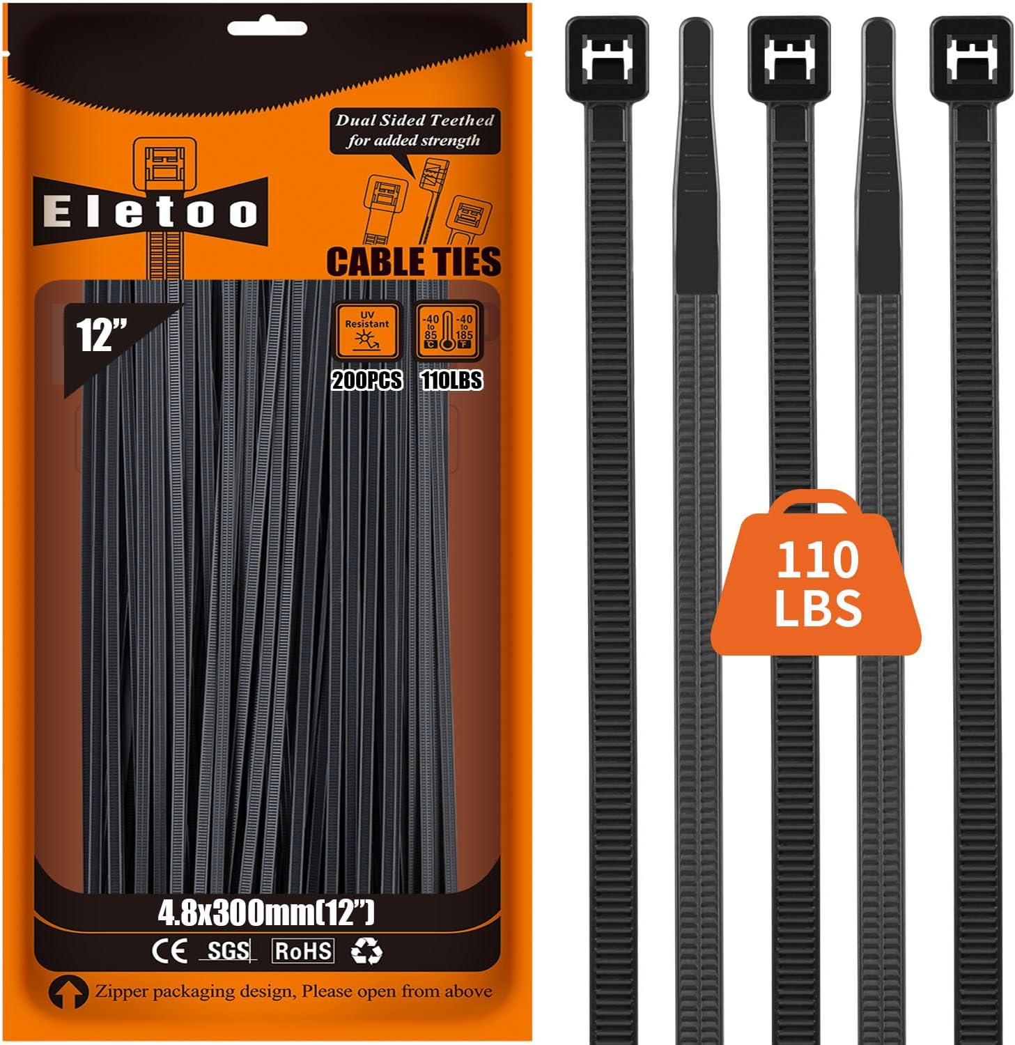 12 Inch Black Zip Ties (200 Pack), 2024 New Patented Design,110 LBS Tensile Strength, Self-Locking Nylon PA66 UV Resistant Cable Ties for Indoor and Outdoor Use-VerdiqueGarden