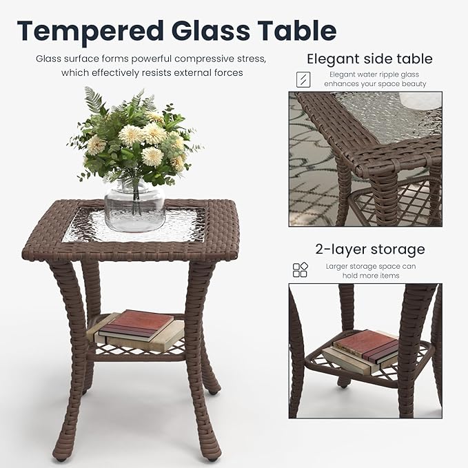 3 Pieces Outdoor Patio Furniture Sets with Rocking Swivel Chairs with 6-inch Thick Cushion and Side Table for Deck Lawn-VerdiqueGarden