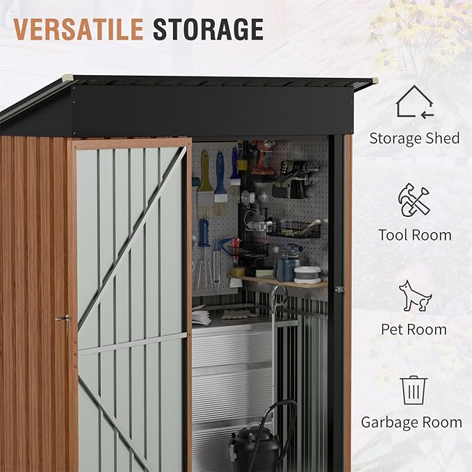 5x3 Ft Storage Shed, Outdoor Metal Shed with Floor Base& Lock, Small Lean to Shed, Compact Vertical Outside Bike Tiny House for Garden, Backyard, Patio, Tool-VerdiqueGarden