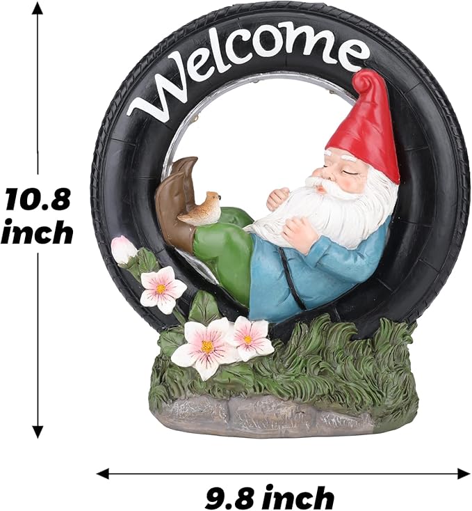 WONDER GARDEN Gnome Garden Decor for Outside - Welcome Gnome Solar Powered LED Light Outdoor Decor, Gnomes Statues Outdoor Funny Resin Garden Sculpture Decorations for Patio, Lawn-VerdiqueGarden