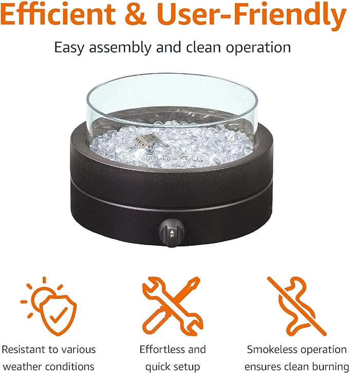 Amazon Basics 14-Inch Round Propane Fire Pit, 9000 BTU Portable Tabletop Fireplace with Glass Stones, Umbrella Hole Compatible for Outdoor Patio Tables & Camping, Brown-VerdiqueGarden