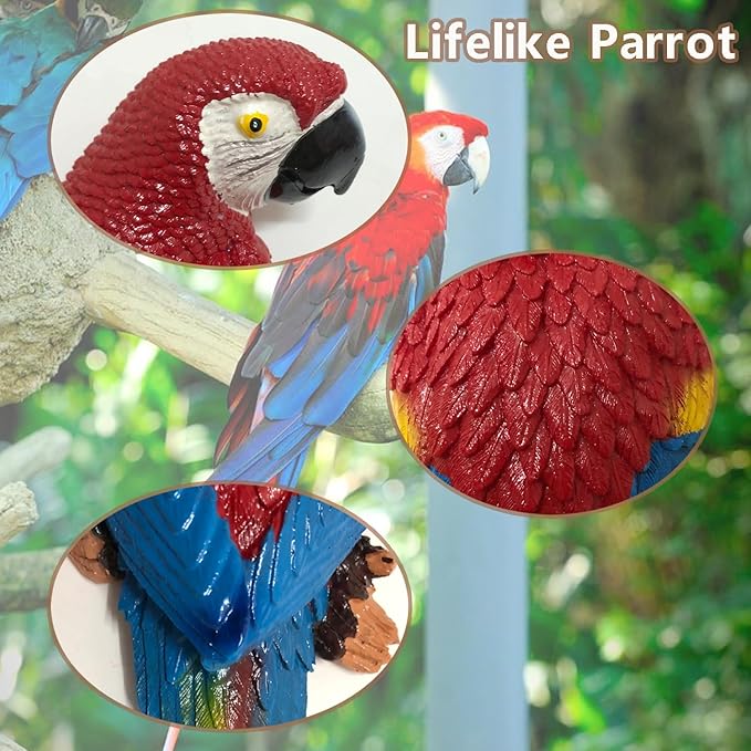 Parrot Decor Tiki Decorations for Outside Patio, Large Realistic Parrot Statues for Pool Deck Garden Yard Lawn, Lifelike Bird Sculpture Tropical Animal Figurines for Tree Wall Decor(Red)-VerdiqueGarden