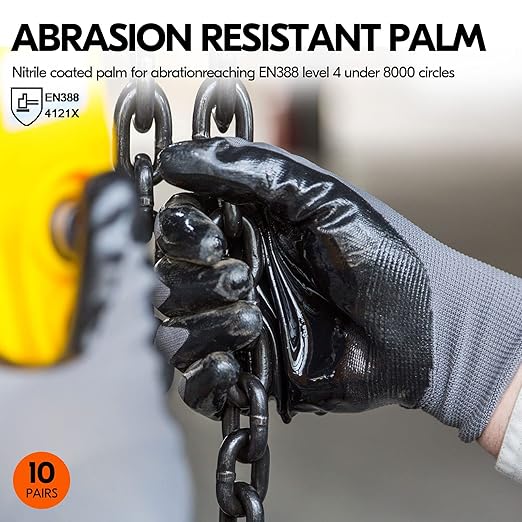 Vgo... 10-Pairs Safety Work Gloves, Gardening Gloves, Non-slip Nitrile coating, Dipping Gloves (Size XL, Gray, NT2110)-VerdiqueGarden