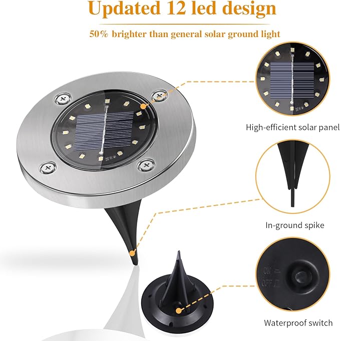 Solar Garden Lights Outdoor, 8 Packs Bright Solar Powered Ground Light with Updated 12 LEDs, Waterproof Disk Warm Flat Lights for Garden Patio Yard Deck Lawn Walkway Landscape Decor-VerdiqueGarden
