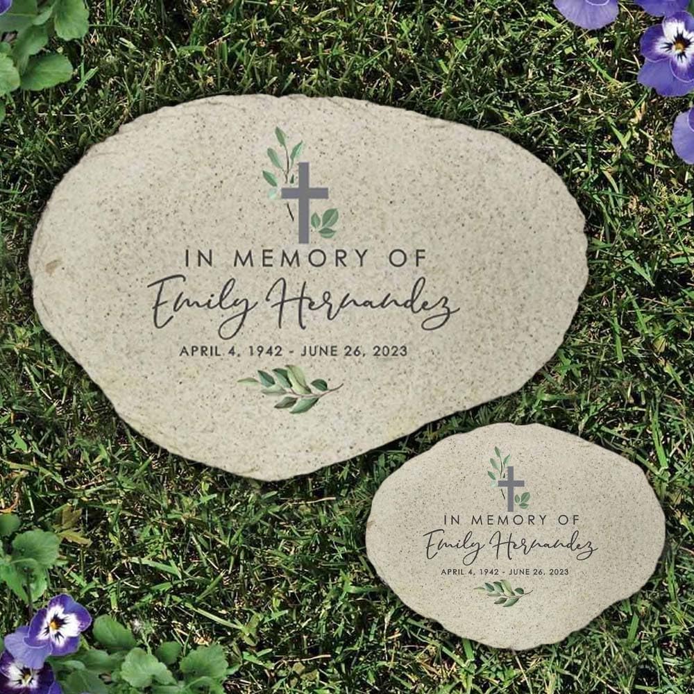 Personalized Memorial Garden Stone, Watercolor in Memory of Flat Garden Stone with Cross, Sympathy Gift, Loss of Loved One-VerdiqueGarden