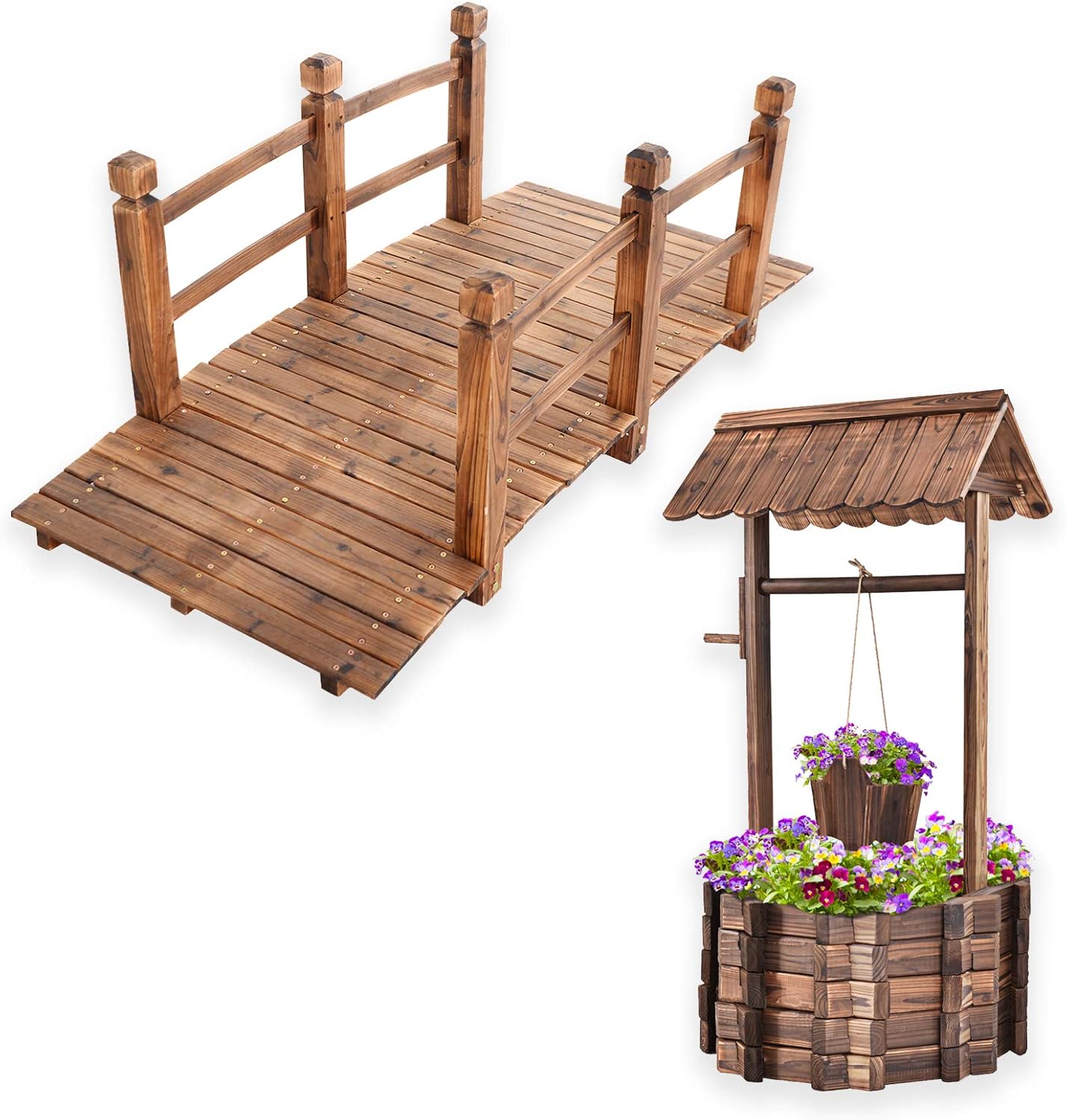 S AFSTAR Wooden Garden Bridge, 5FT Stain Finished Arch Footbridge with Safety Rails for Garden Patio Yard, Outdoor Pond Bridge & Wishing Well Planter Set-VerdiqueGarden