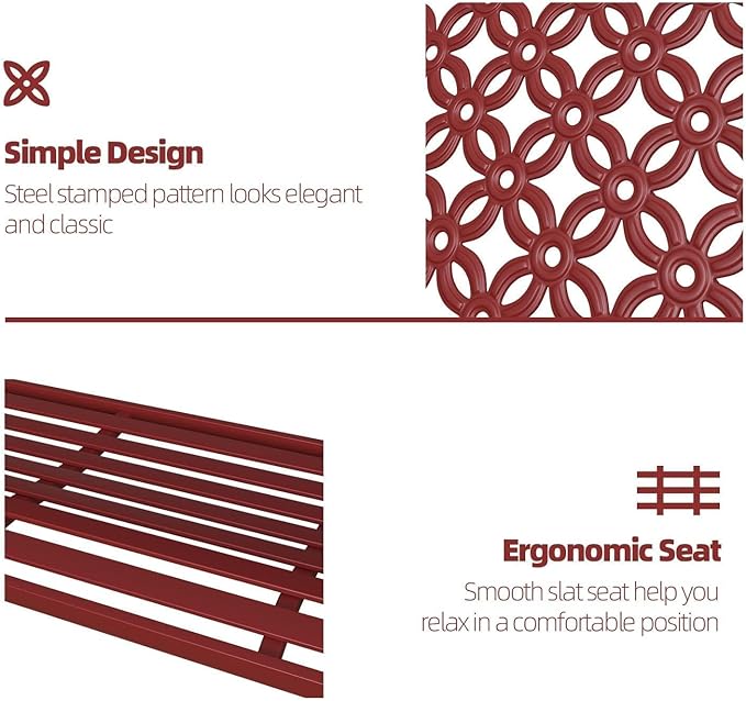 Grand patio 50" Outdoor Bench Garden Bench with Armrests Bench for Outdoors Lawn Yard Porch Red-VerdiqueGarden