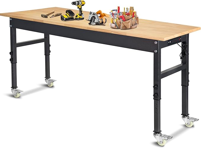 60" Adjustable Work Bench, Rubber Wood Top Workbench Heavy-Duty Work Table with Power Outlet with Wheels, 2000 LBS Load Capacity Hardwood Work Benches for Garage, Workshop, Home, Office, Easy Assembly-VerdiqueGarden