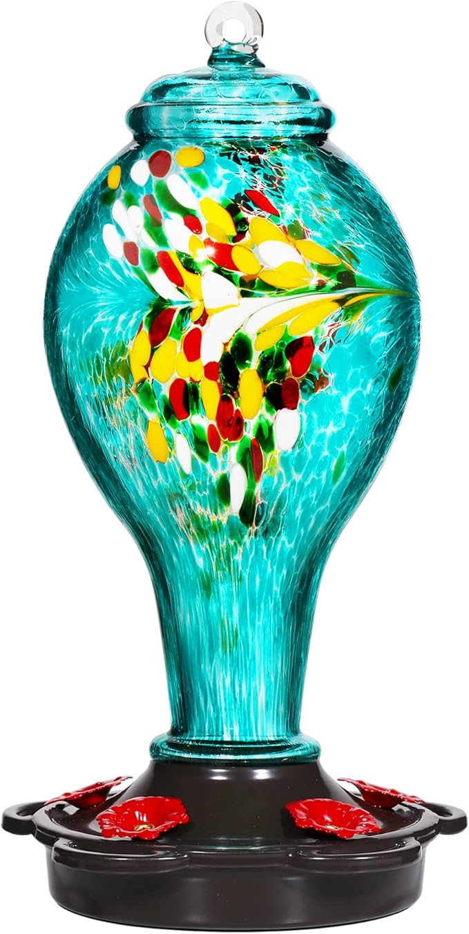 LUJII Hummingbird Feeder for Outdoors, Hand Blown Glass Humming Bird Feeder, Anti Fade Leakproof with 25 Ounces Nectar Capacity, Easy to Install Clean Refill, Include Hook & Ant Moat (Teal)-VerdiqueGarden
