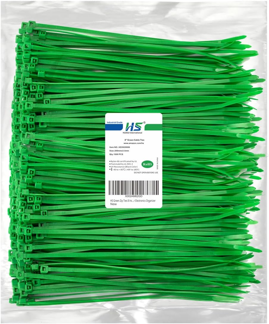 HS Green Zip Ties 8 Inch (Bulk-1000 Pack) Nylon Cable Ties 40 Lbs Self-Locking Wire Ties for Electronics Organizer-VerdiqueGarden