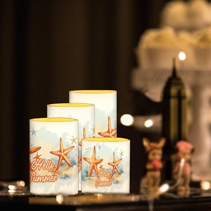 Flameless LED Candles Electric Candles with Remote Timer Control Color Changing Long Lasting Tealights Fake Candles Set of 4, Beach Themed Home Decoration, Starfish Hello Summer-VerdiqueGarden