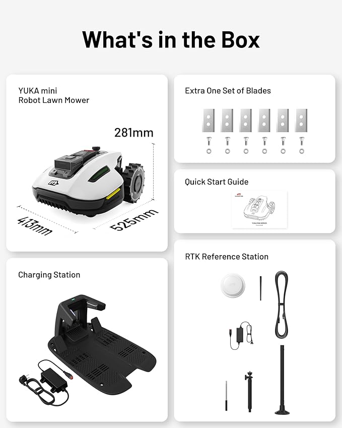 YUKA Mini 500H Robotic Lawn Mower Reception 0.12 Acre,Max. 0.17 Acre, Ultrasense AI Vision+ RTK Positioning, Auto Mapping, App Control, 50% Slope, Cutting Height 2''~3.5'', 15 Mowing Zones-VerdiqueGarden