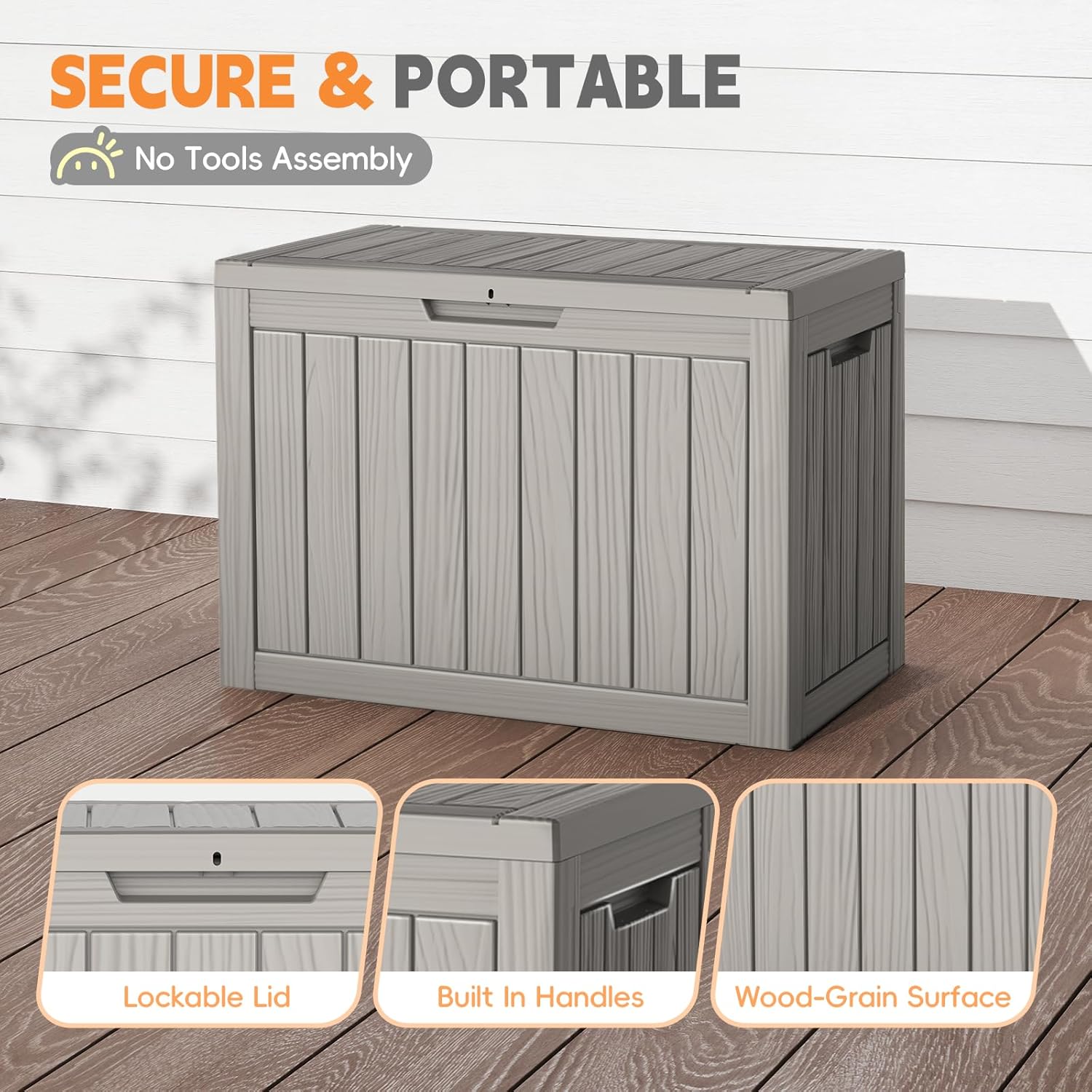 Outdoor Storage Box, 50 Gallon Waterproof Resin Deck Box, Storage Bin for Package Delivery, Patio Furniture Cushion, Garden Tools, Pool Accessories, Weatherproof and UV Resistant, Grey-VerdiqueGarden