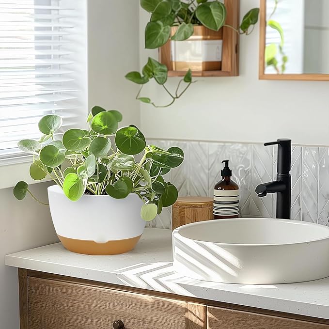 10 Inch Pots for Indoor Plants, Large Self Watering Planters with Drainage and Saucers, Plastic Outdoor Flower Pot, Set of 2, White-VerdiqueGarden